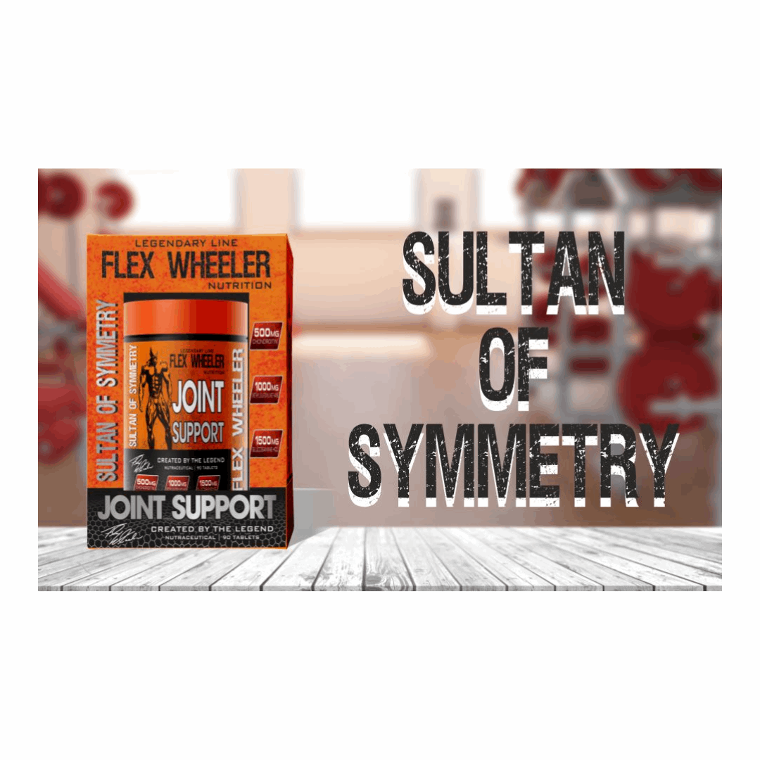 Flex Wheeler Joint Support supplement box with 'Sultan of Symmetry' text on a white surface.