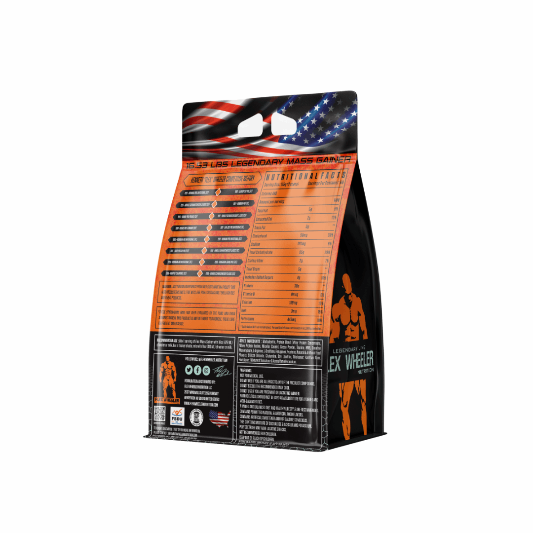 Mass gainer supplement package with Flex Wheeler branding on a white background