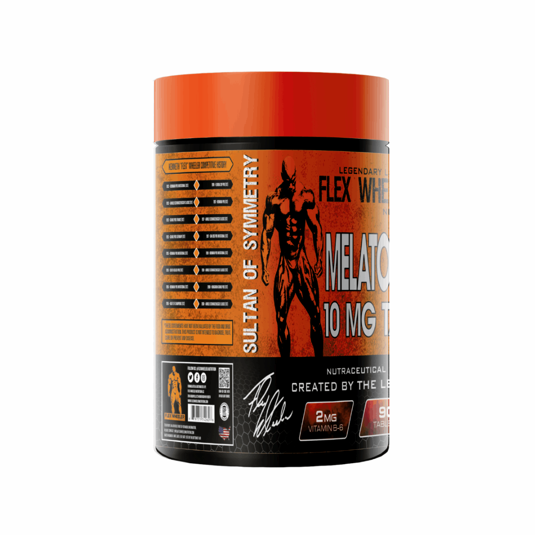 Supplement container with orange and black design on a white background