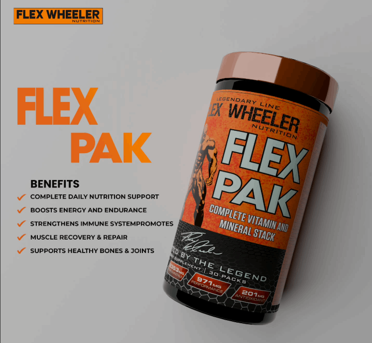 Flex Wheeler Nutrition Flex Pak supplement container with benefits listed on a gray background