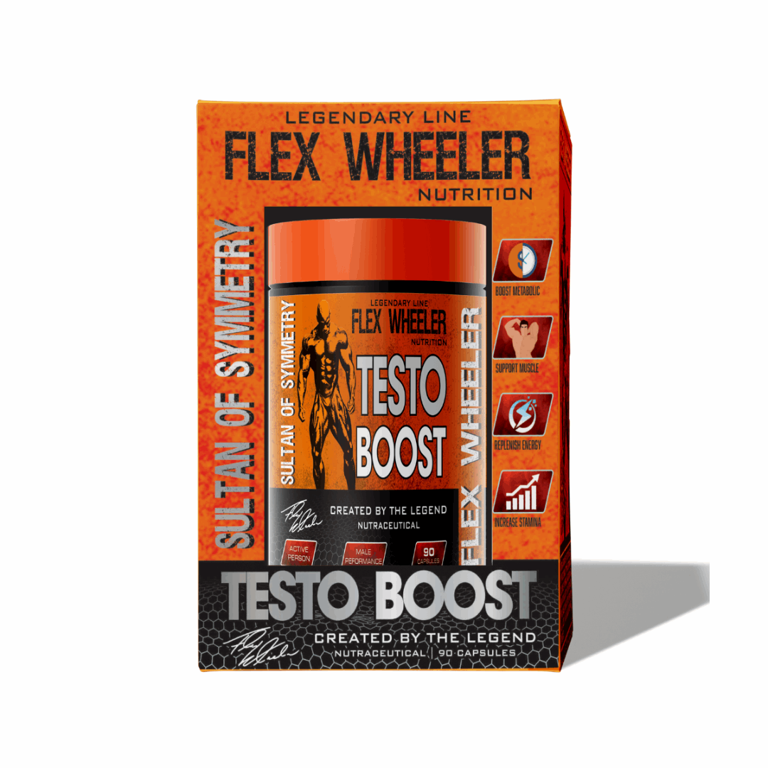 Flex Wheeler Nutrition Testo Boost supplement packaging on a white background