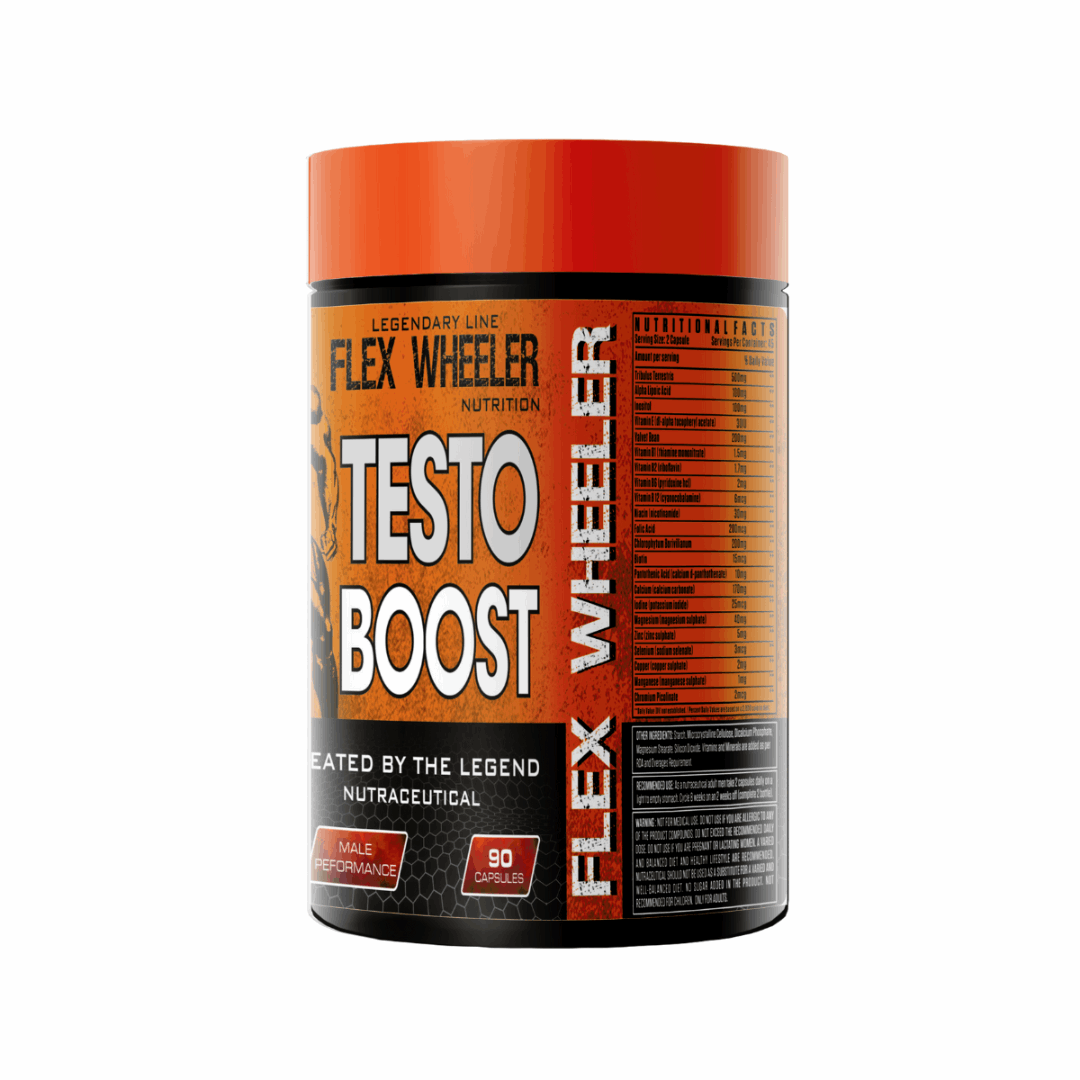Flex Wheeler Nutrition Testo Boost supplement packaging on a white background