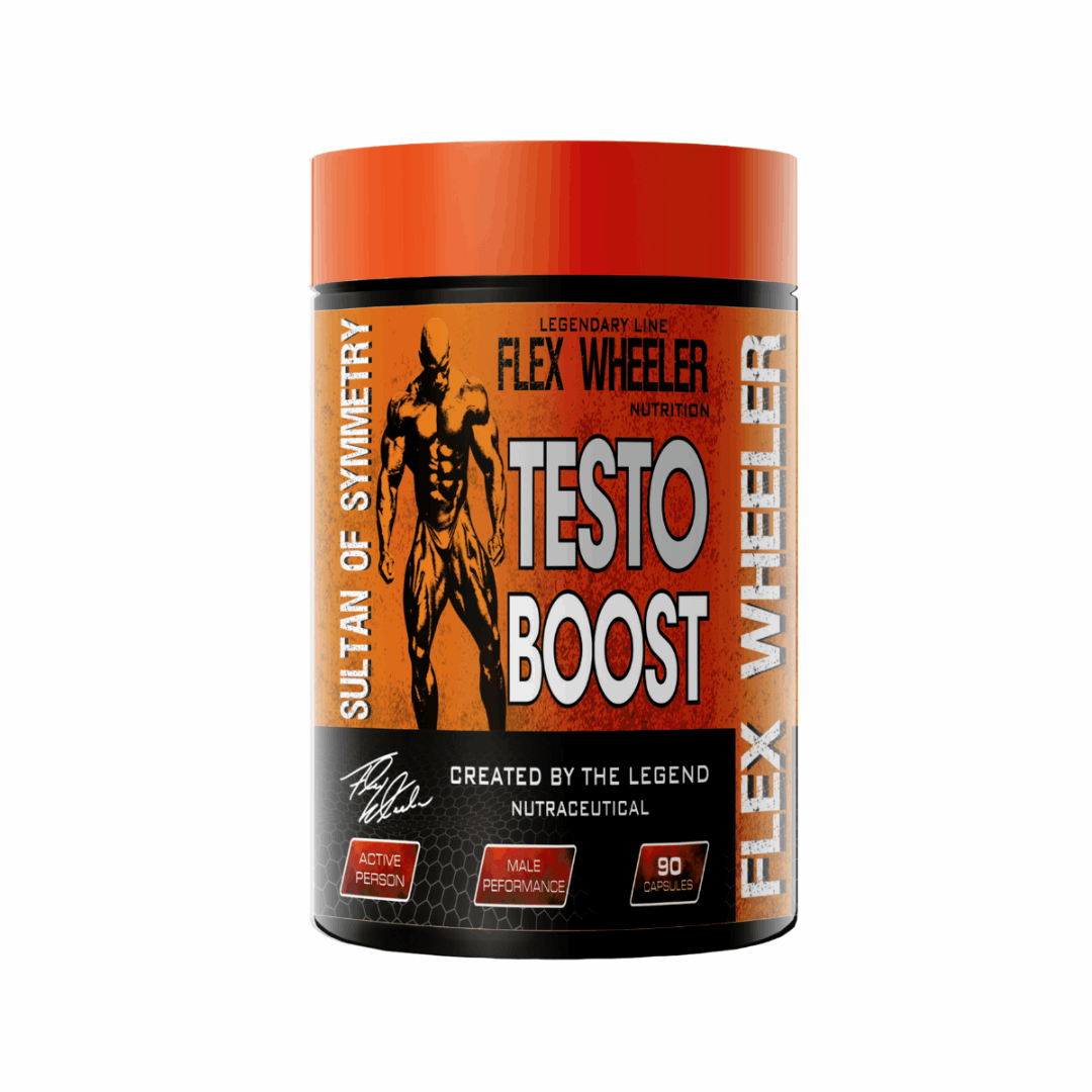 Flex Wheeler Testo Boost supplement container on a white background