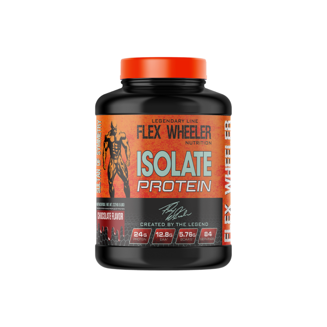 Flex Wheeler Isolate Protein supplement bottle on a white background