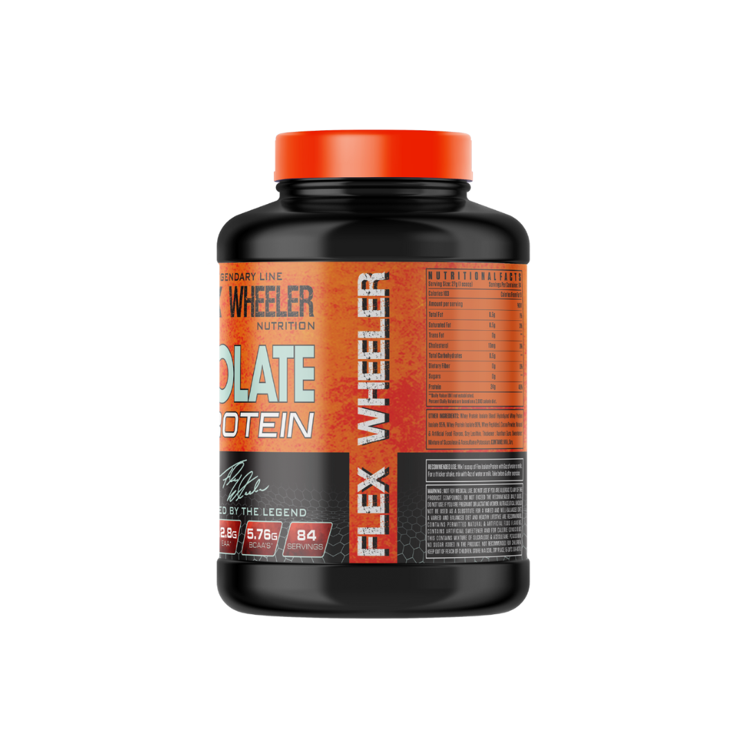Protein powder container with orange and black label on a white background