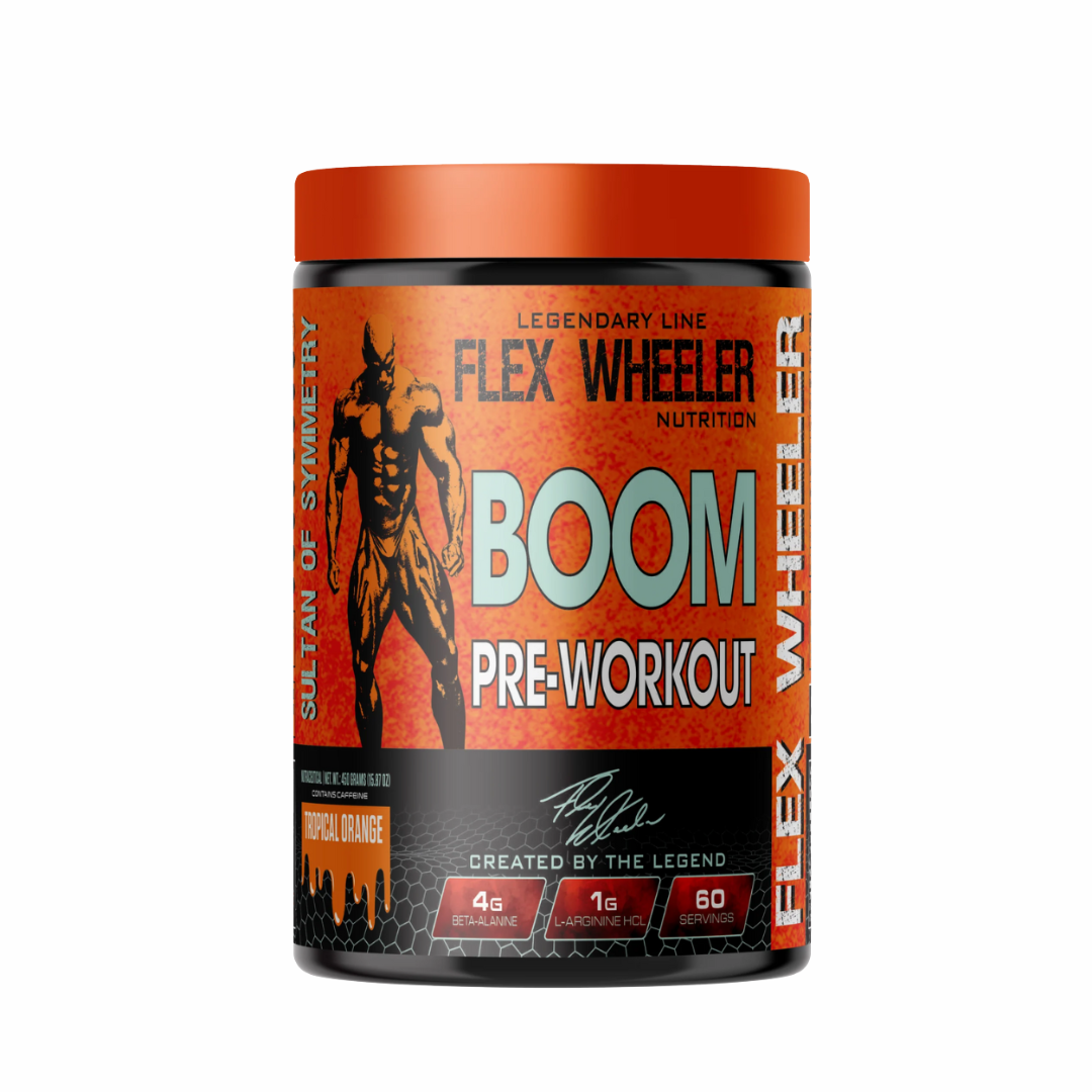 Flex Wheeler Nutrition Boom pre-workout supplement container on a white background