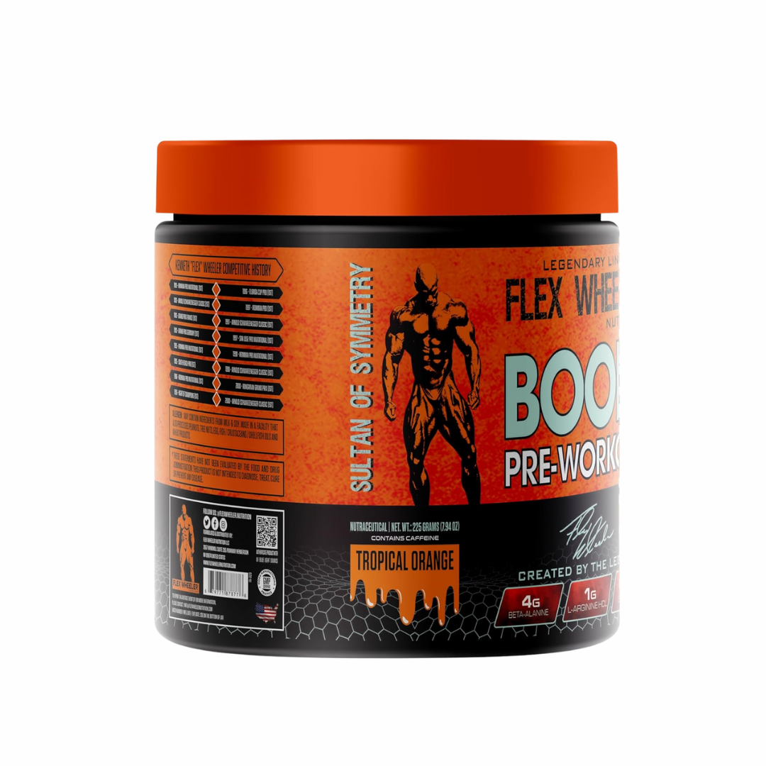 Pre-workout supplement container with orange and black label on a white background