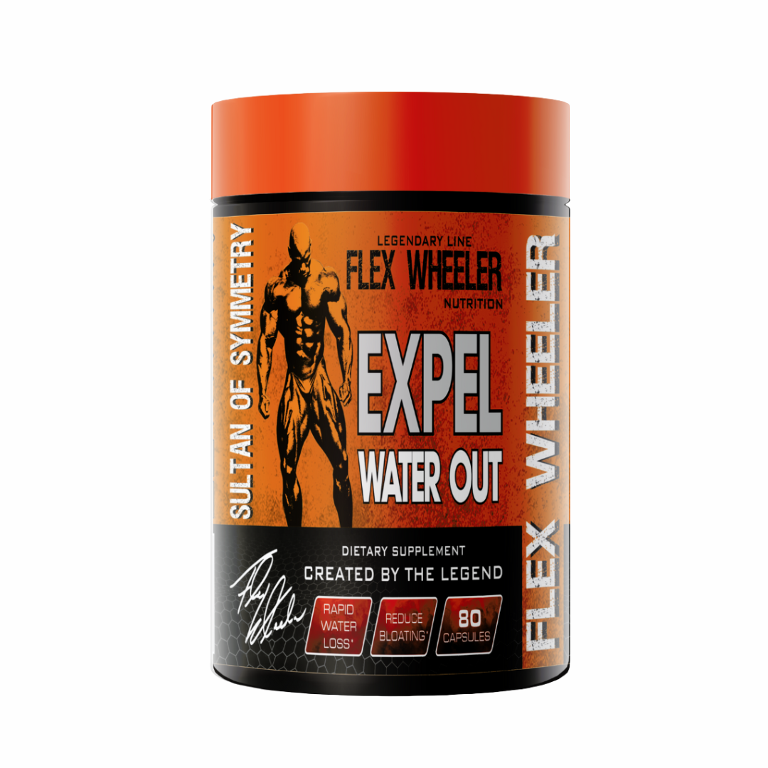Supplement container labeled 'Flex Wheeler Expel Water Out' on a white background