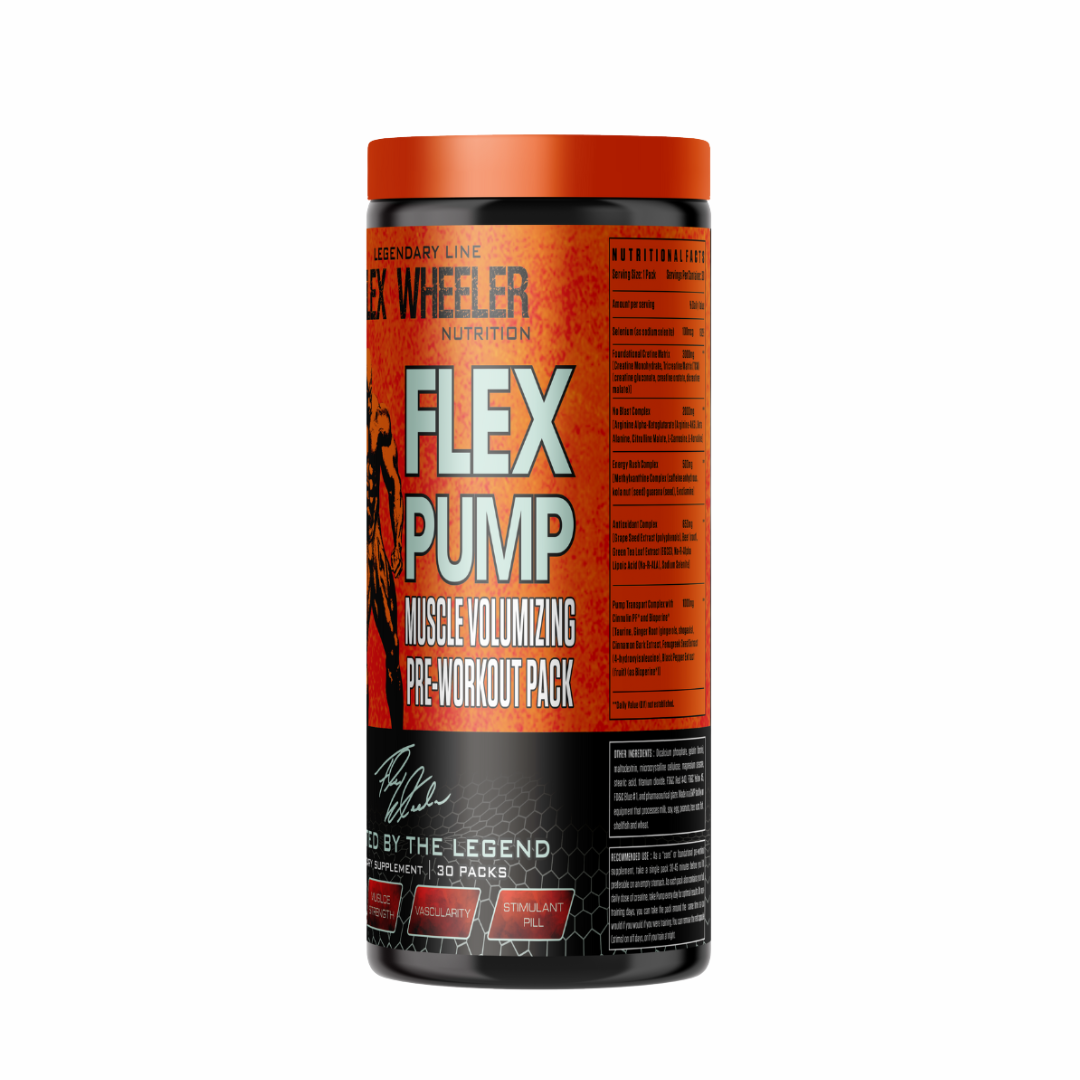 Flex Wheeler Flex Pump supplement container on a white background