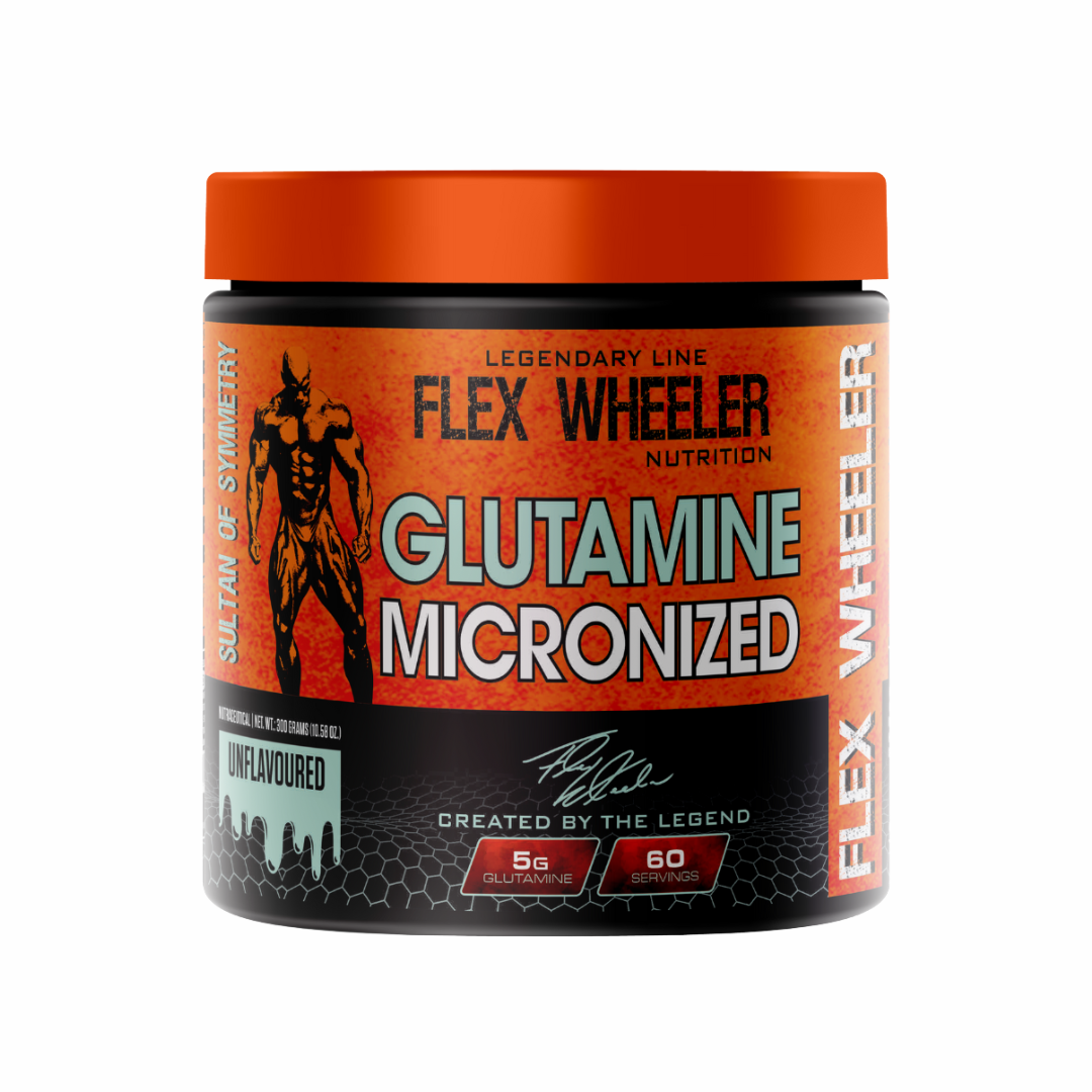 Flex Wheeler Nutrition Glutamine Micronized supplement container on a white background