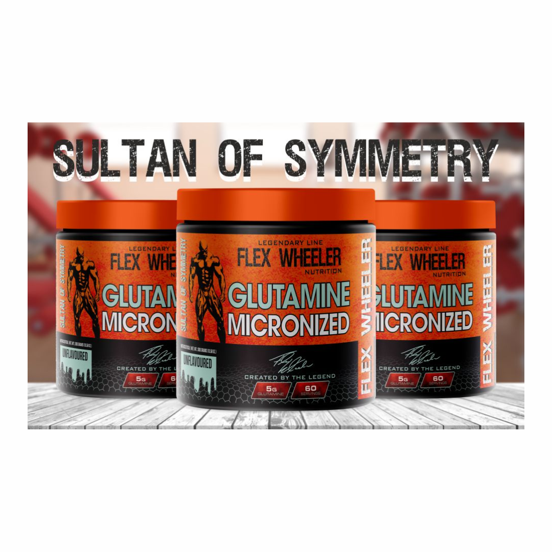 Three containers of Flex Wheeler Glutamine Micronized on a wooden surface with 'Sultan of Symmetry' text above.