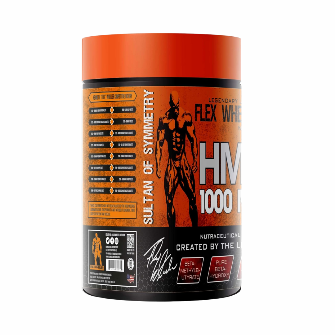 Supplement container with orange and black label on a white background