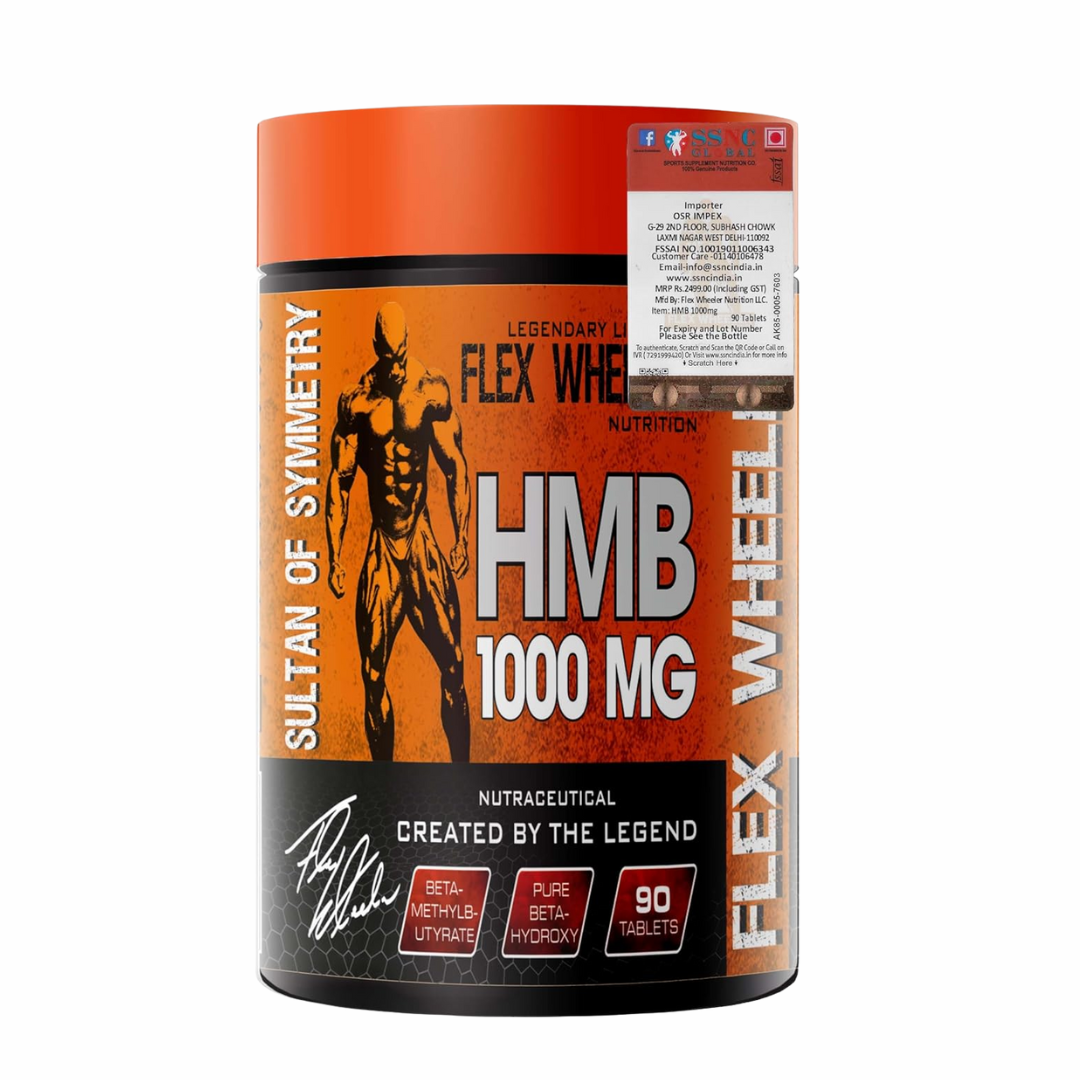Supplement container with orange and black design featuring HMB 1000 MG on a white background