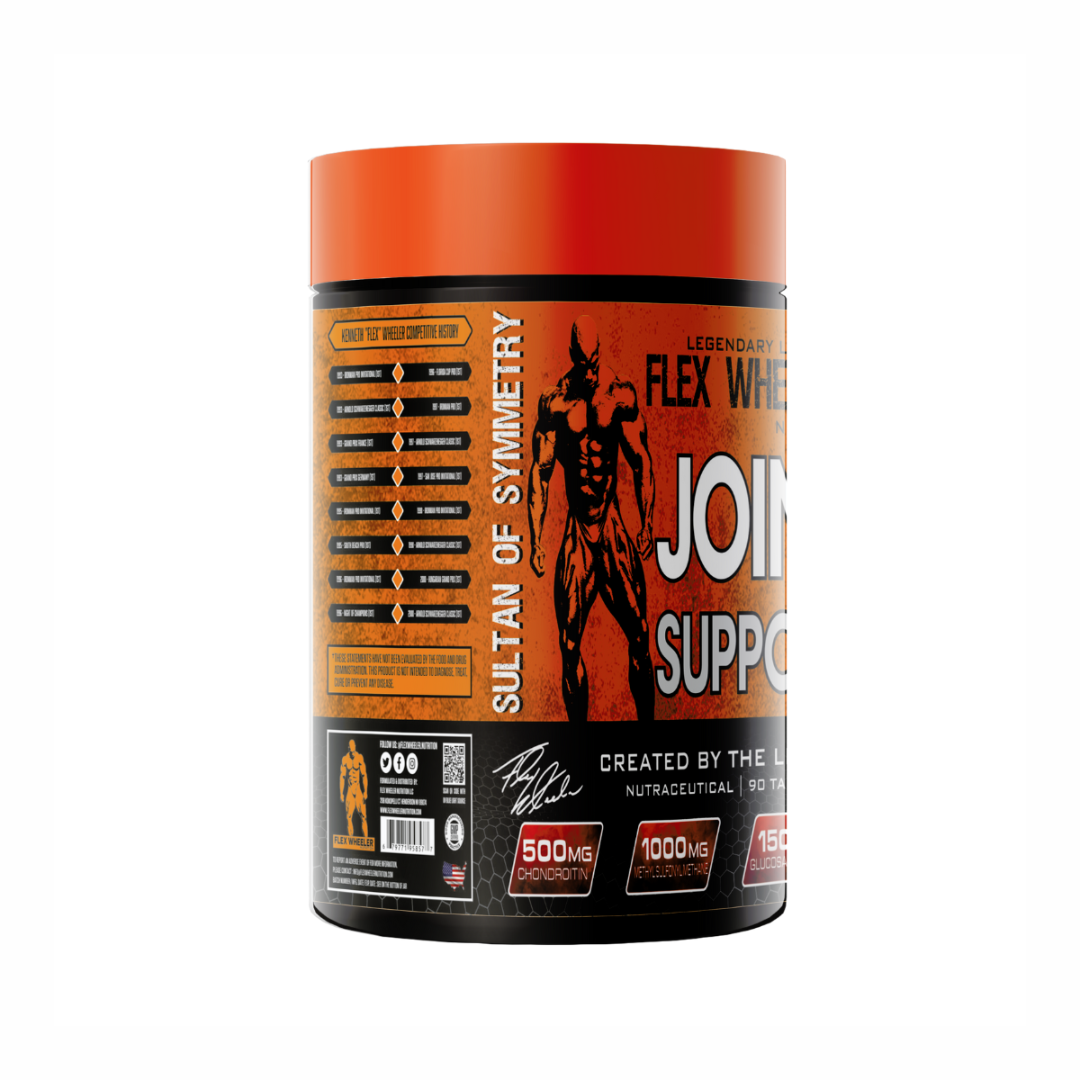 Supplement container with orange and black design on a white background