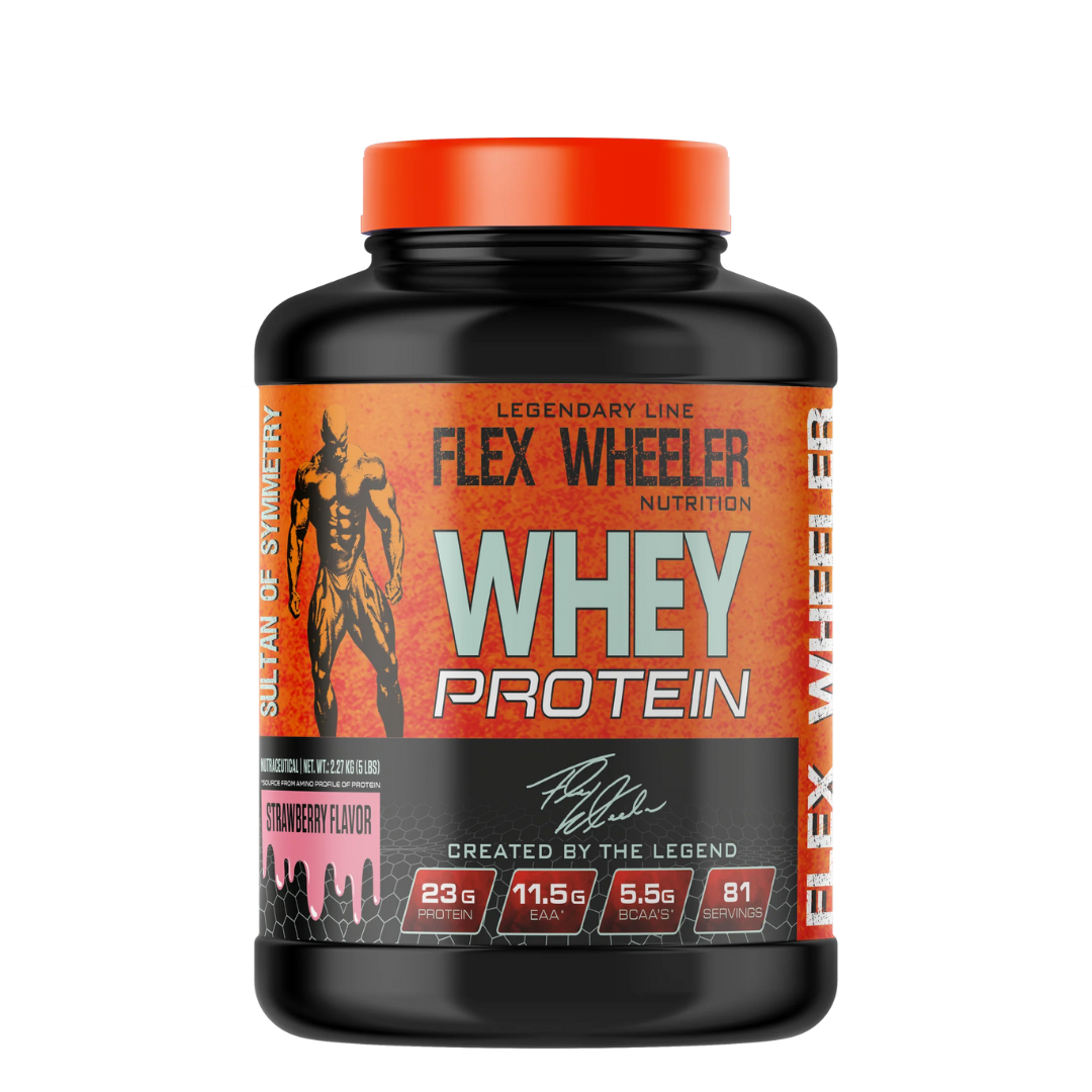 Flex Wheeler Nutrition whey protein supplement bottle on a white background