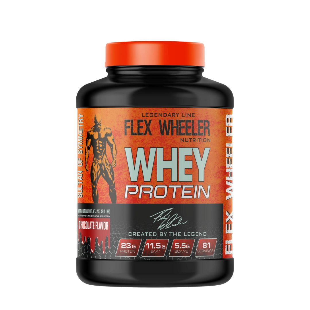Flex Wheeler Whey Protein supplement bottle on a white background