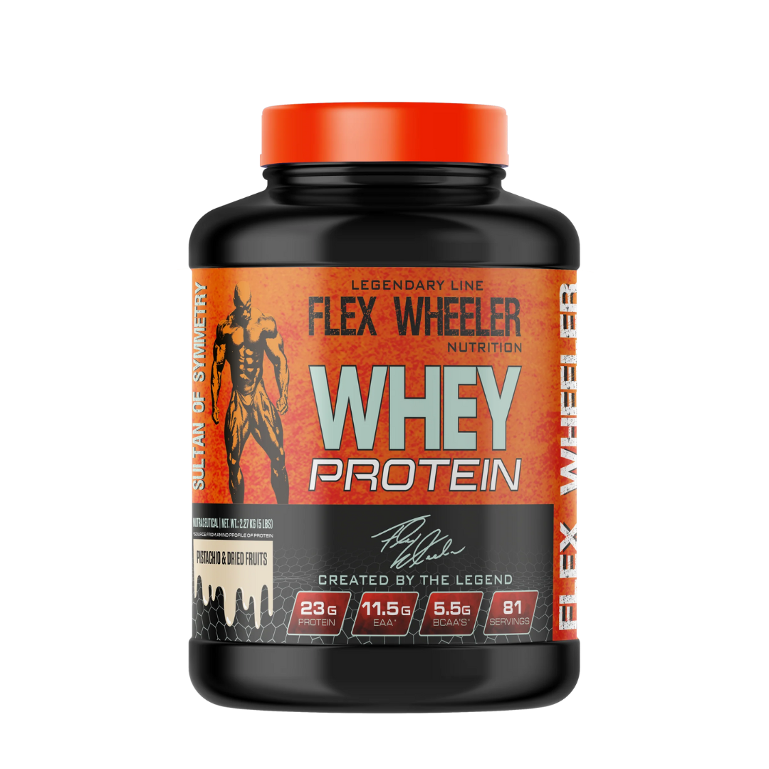 Flex Wheeler Whey Protein supplement bottle on a white background