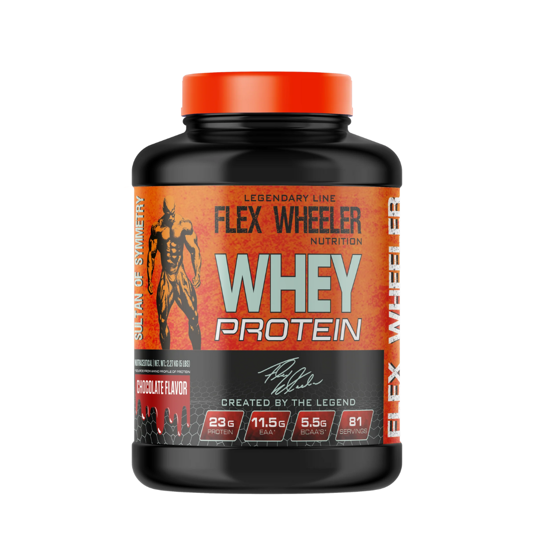 Flex Wheeler Nutrition whey protein supplement bottle on a white background