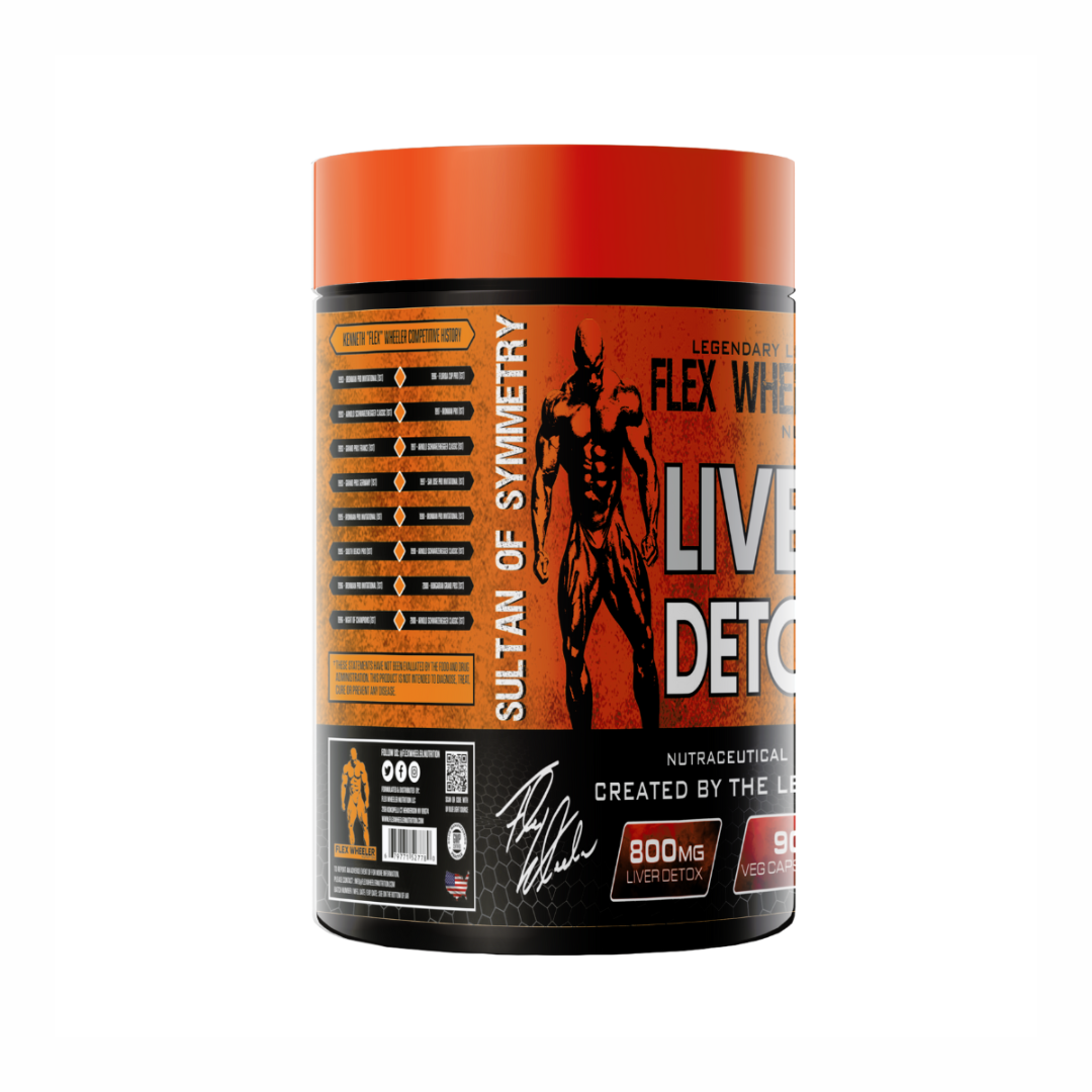 Supplement container with red and black label on a white background