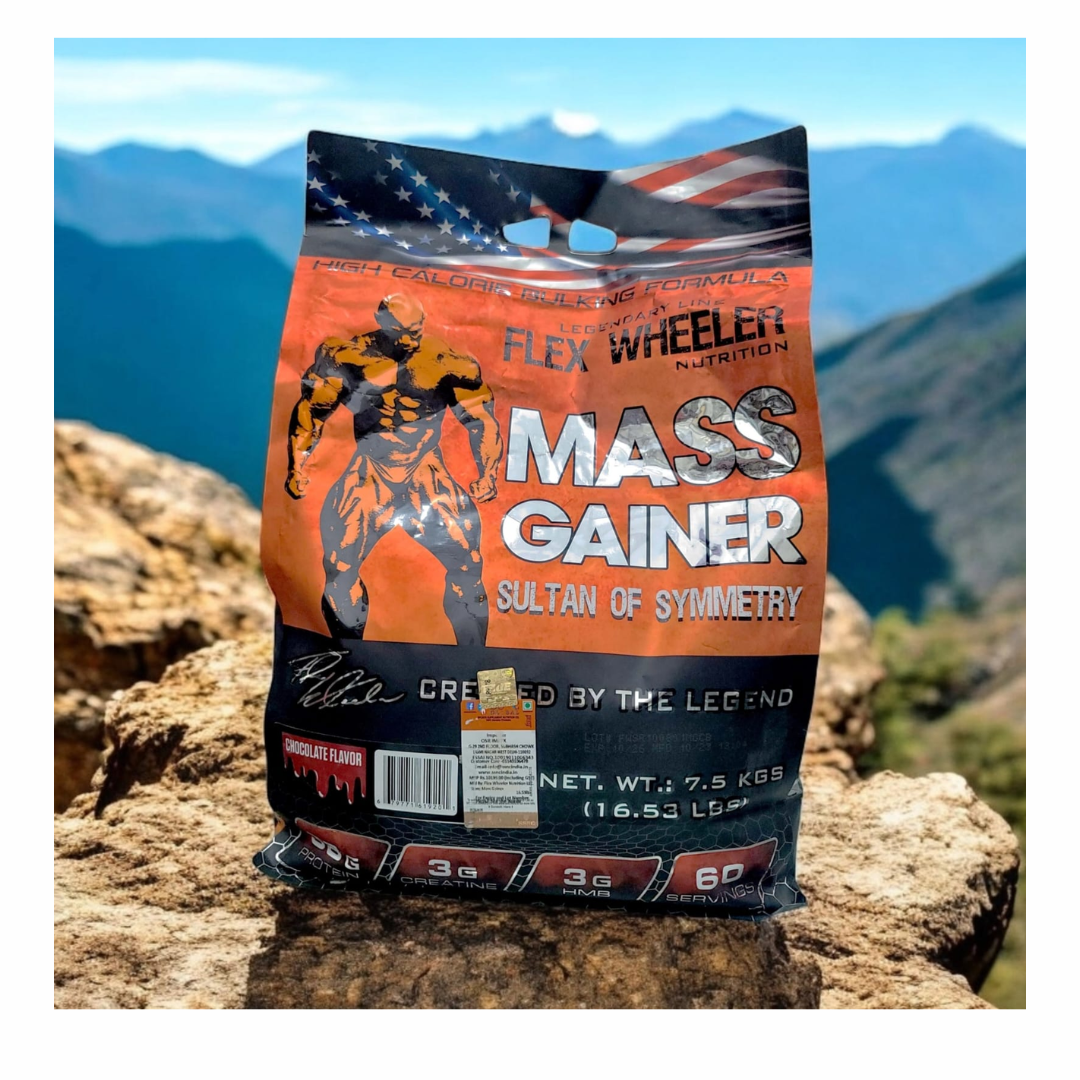 Mass gainer supplement package with mountainous background