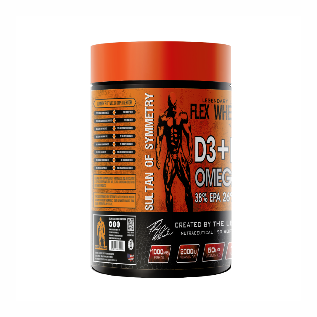 Supplement container with orange and black label on a white background