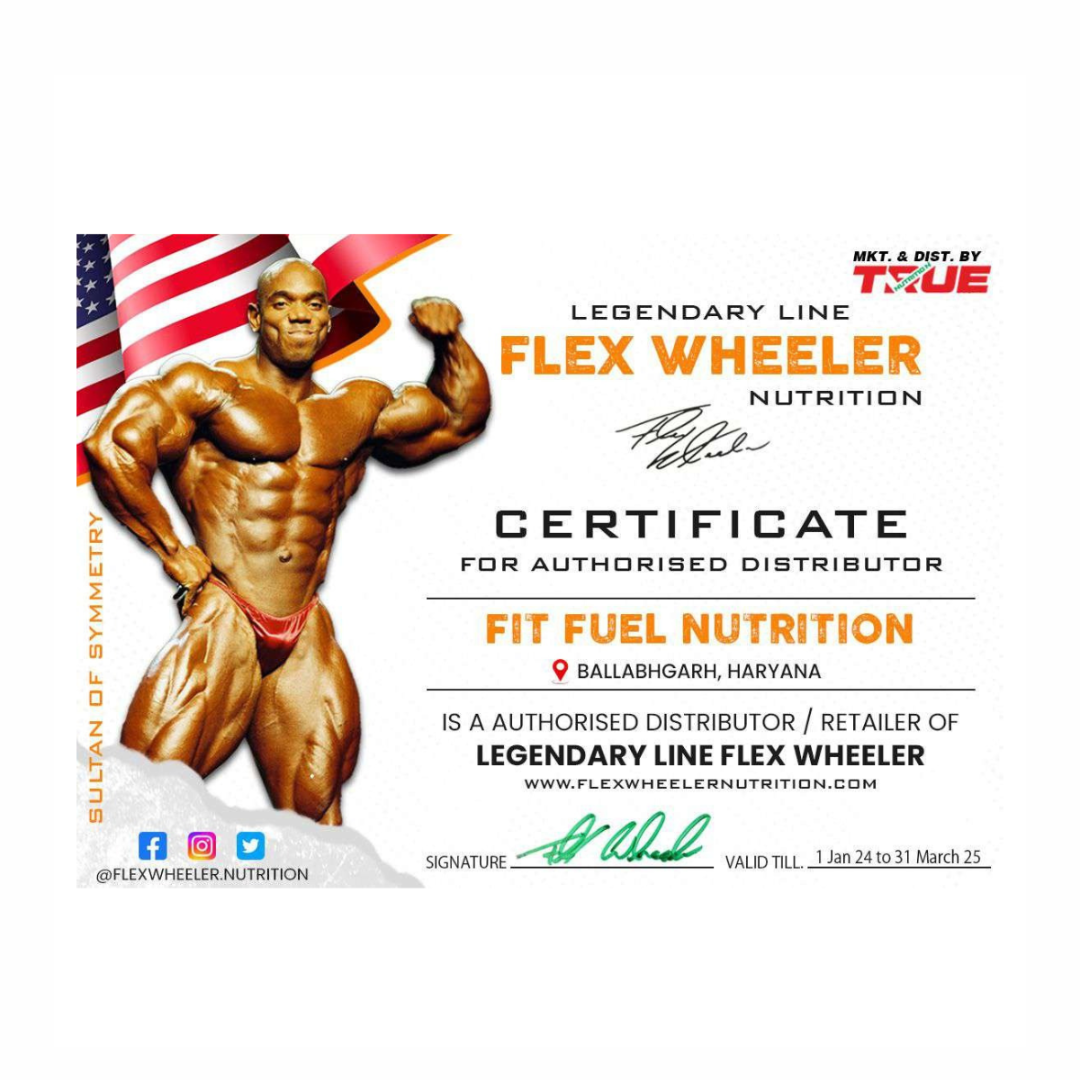 Certificate for authorized distributor of Flex Wheeler Nutrition with a bodybuilder and American flag.