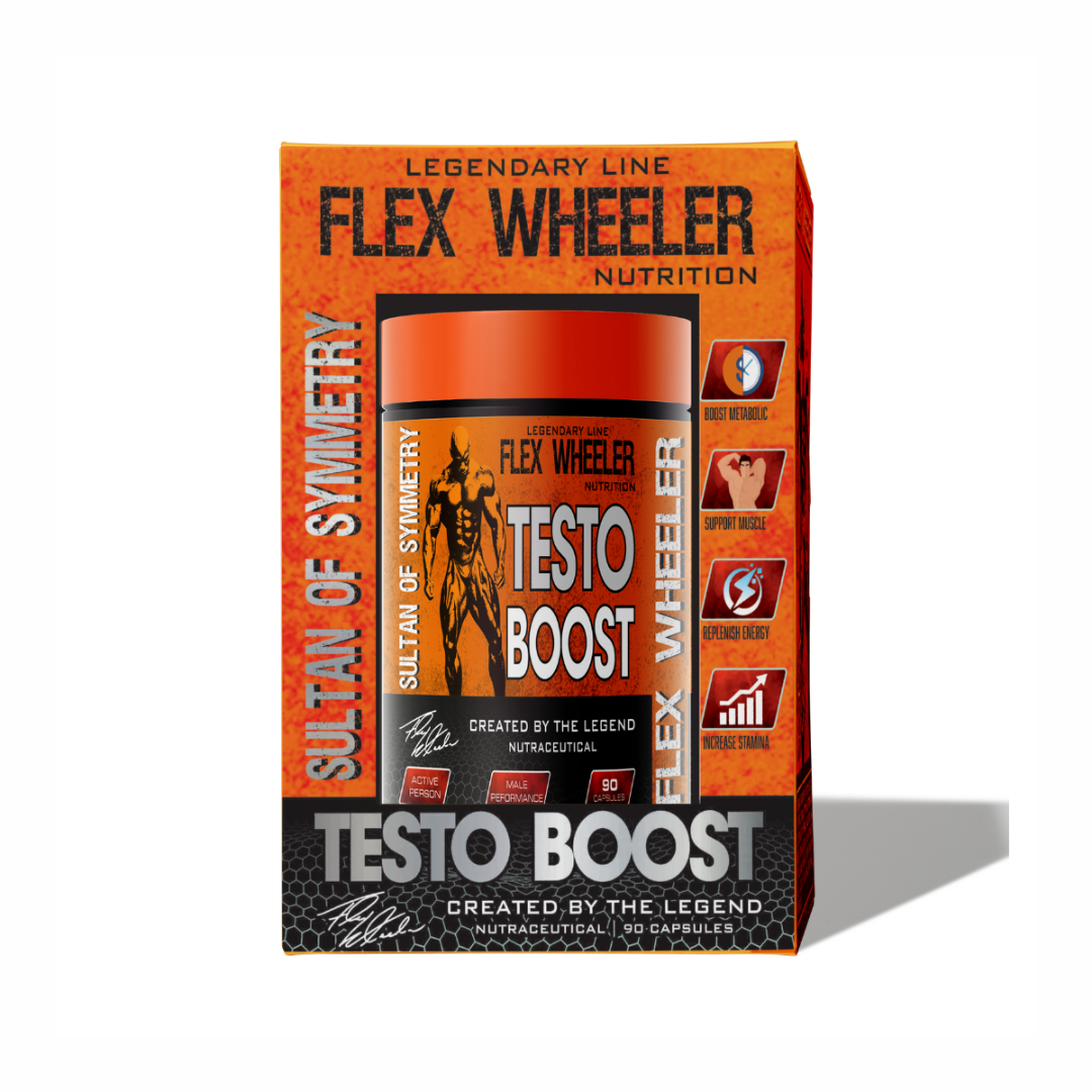Flex Wheeler Nutrition Testo Boost supplement packaging on a white background