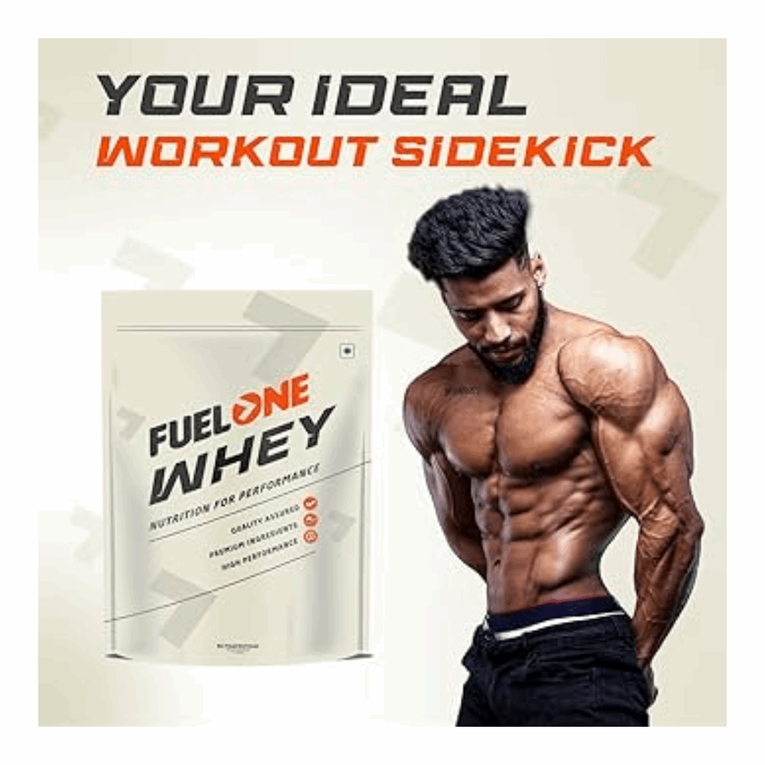 Fuel One Whey protein package with a muscular man on a beige background