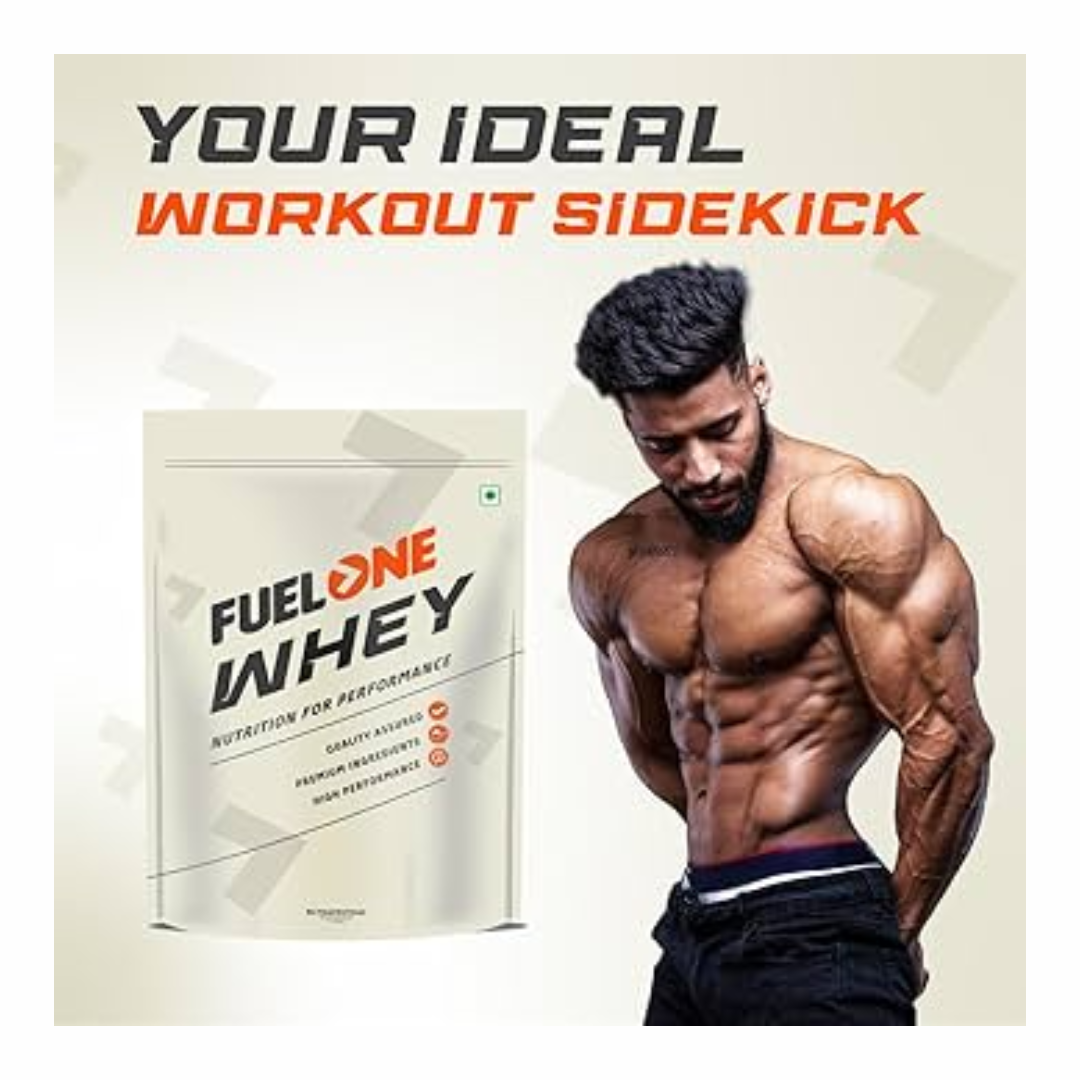 Fuel One Whey protein package with a muscular man on a beige background