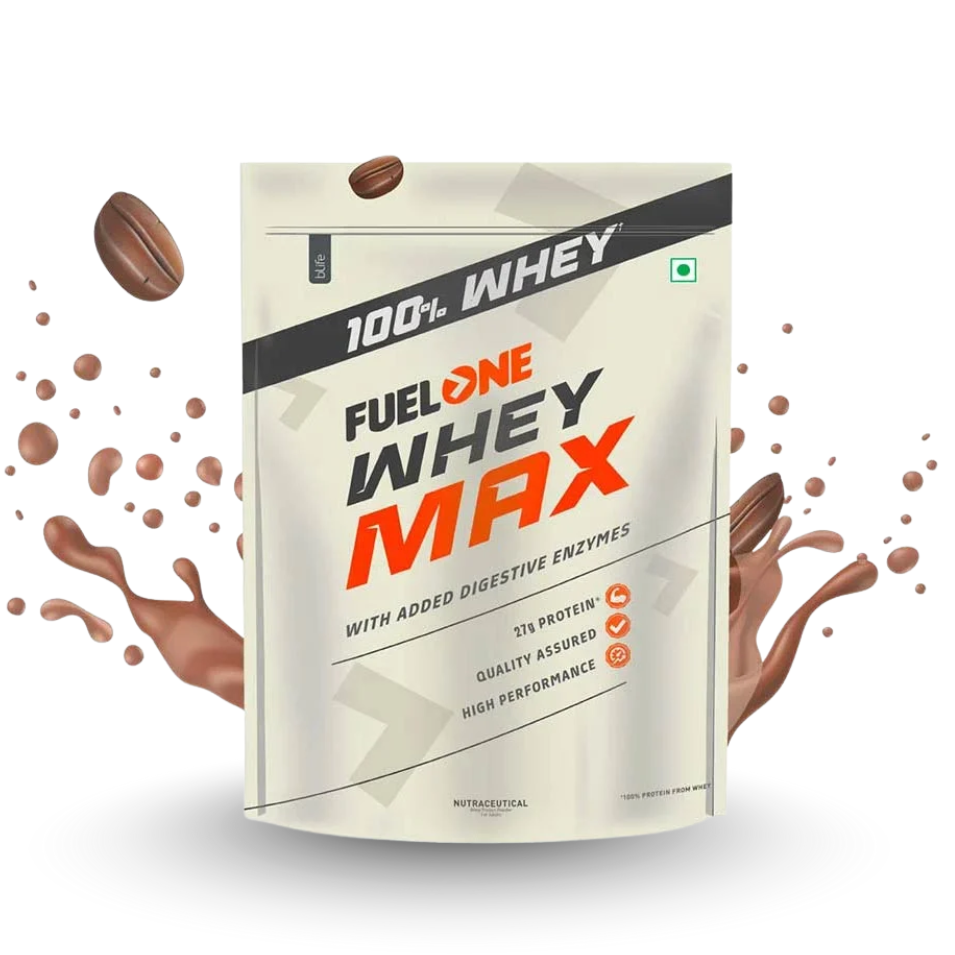 Fuel One Whey Max protein powder package with chocolate pieces on a white background