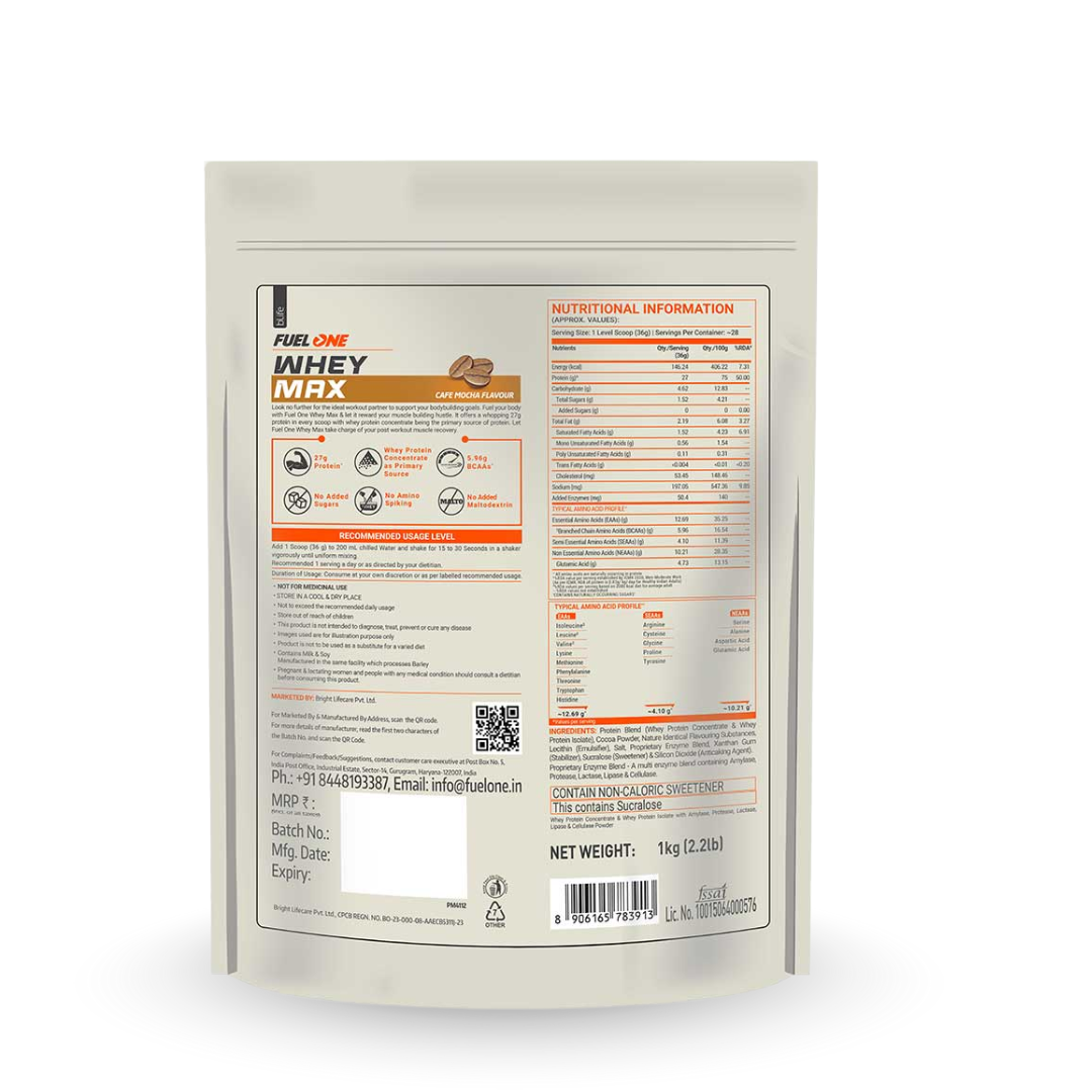 Fuel One Whey Max protein powder package with chocolate pieces on a white background