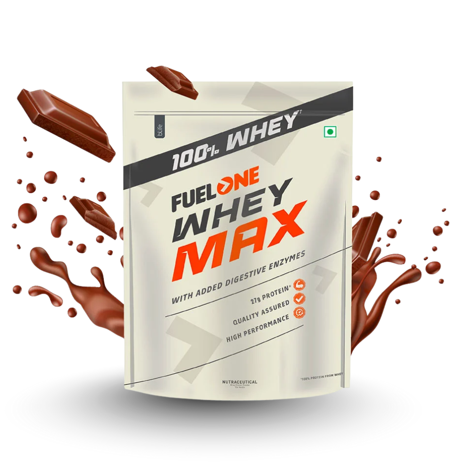 FuelOne Whey Max protein powder package with chocolate pieces on a white background
