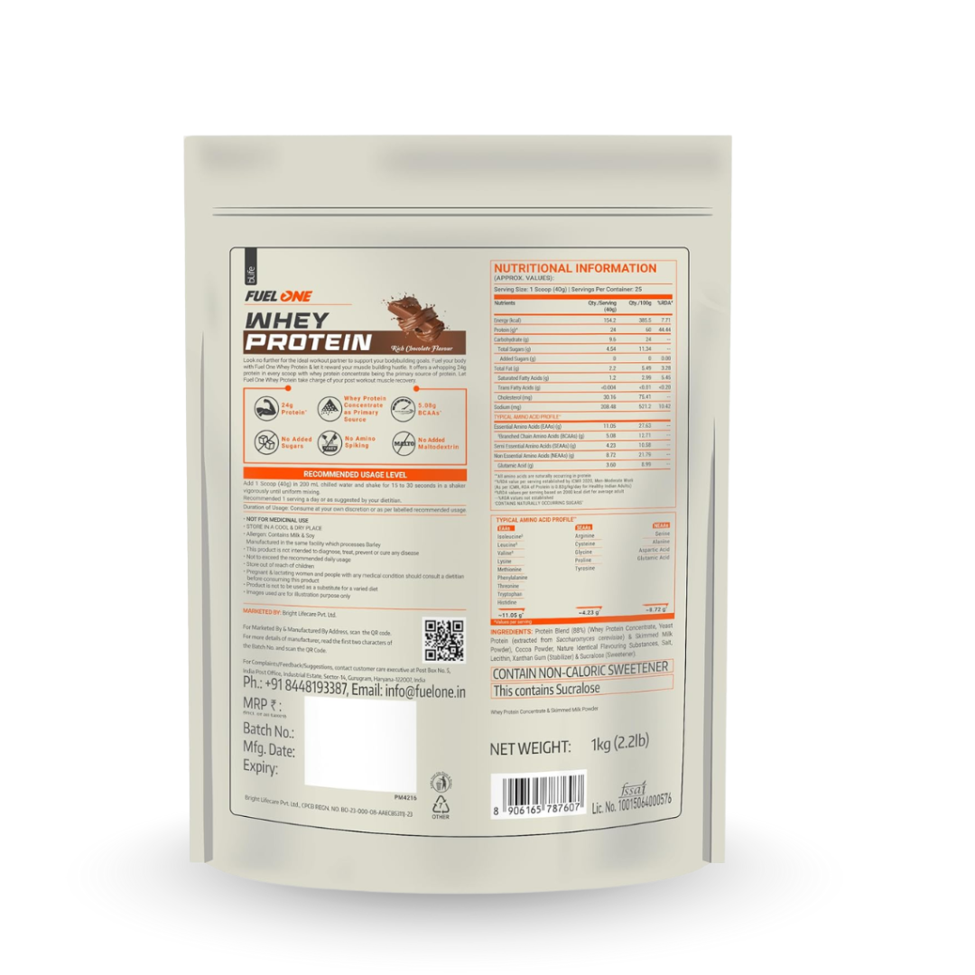 Whey protein package with nutritional information on a white background