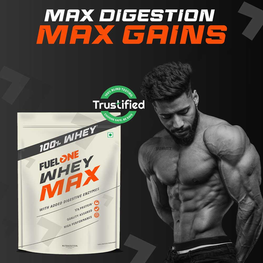 Fuel One Whey Max supplement package with a muscular man on a dark background, featuring the 'Trustified' logo.