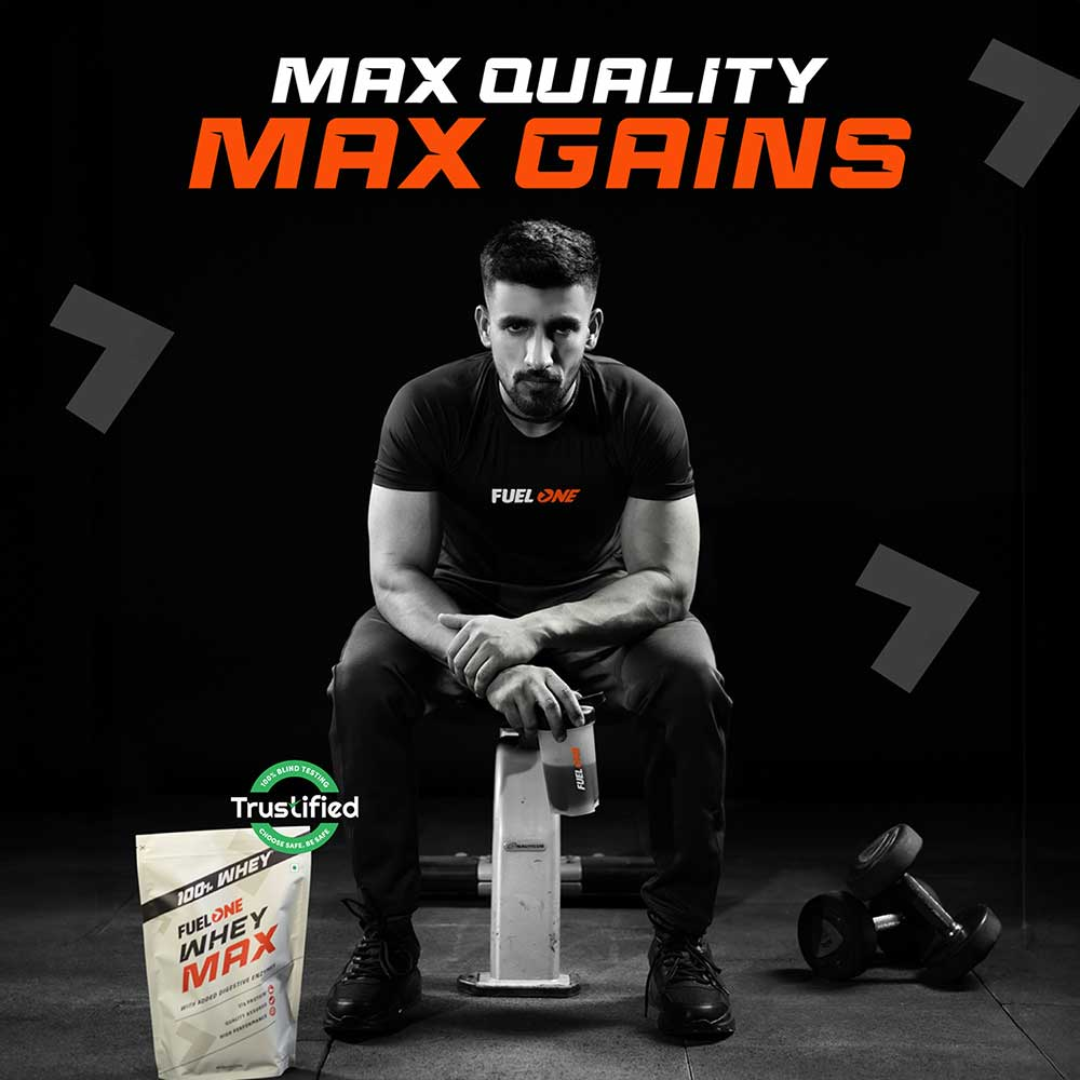 Man sitting on a bench with gym equipment and 'Fuel One' products, promoting 'Max Quality Max Gains'.