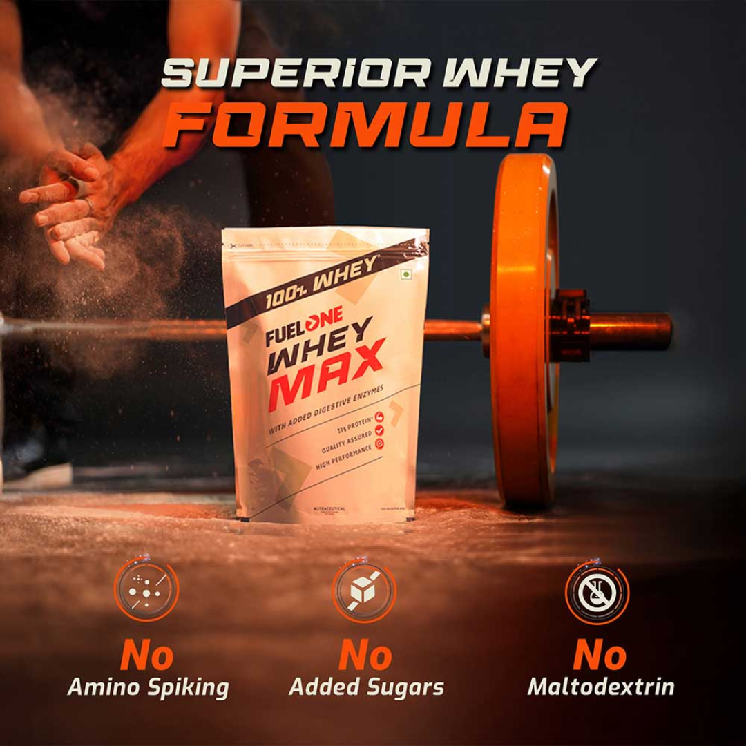 Fuel One Whey Max supplement package with a barbell in the background, emphasizing a superior whey formula.