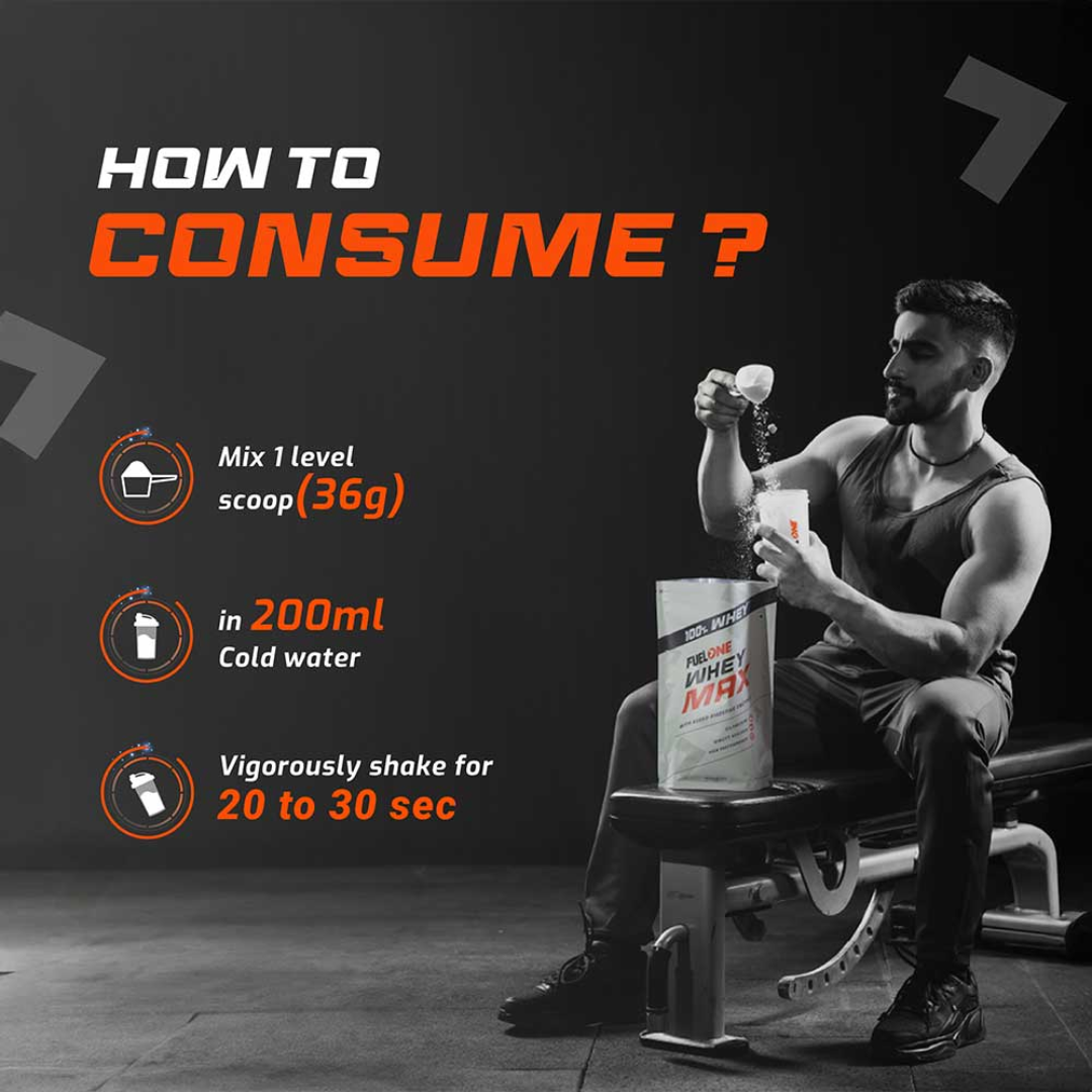 Man sitting on a bench with a protein powder container, demonstrating how to consume it.