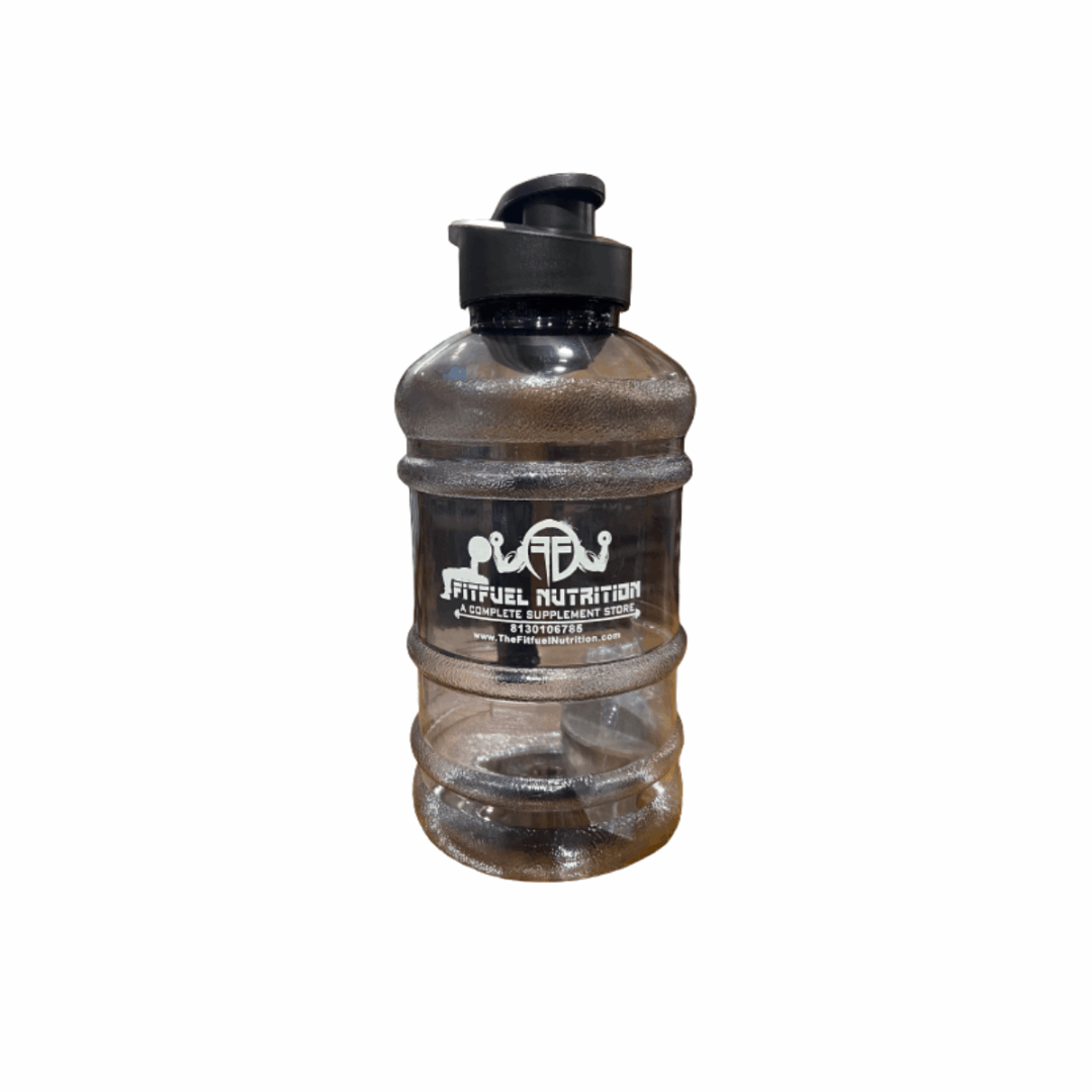 Black and clear water bottle with a black cap on a white background
