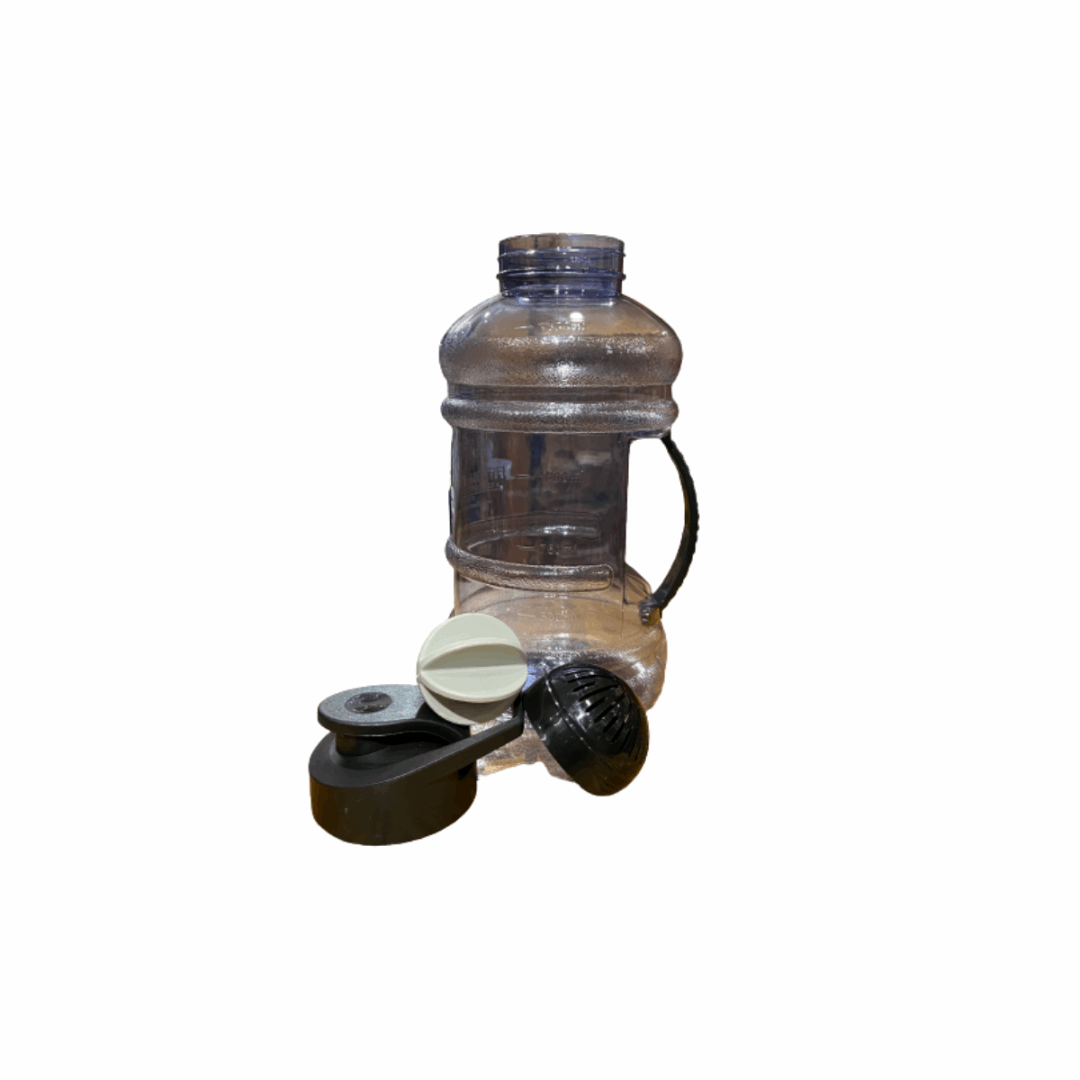 Black and clear water bottle with a black cap on a white background