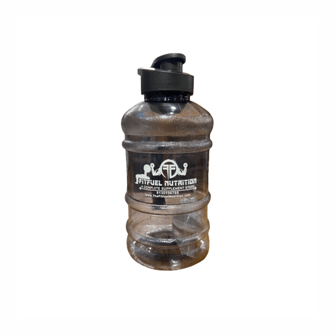 Black and clear water bottle with a black cap on a white background