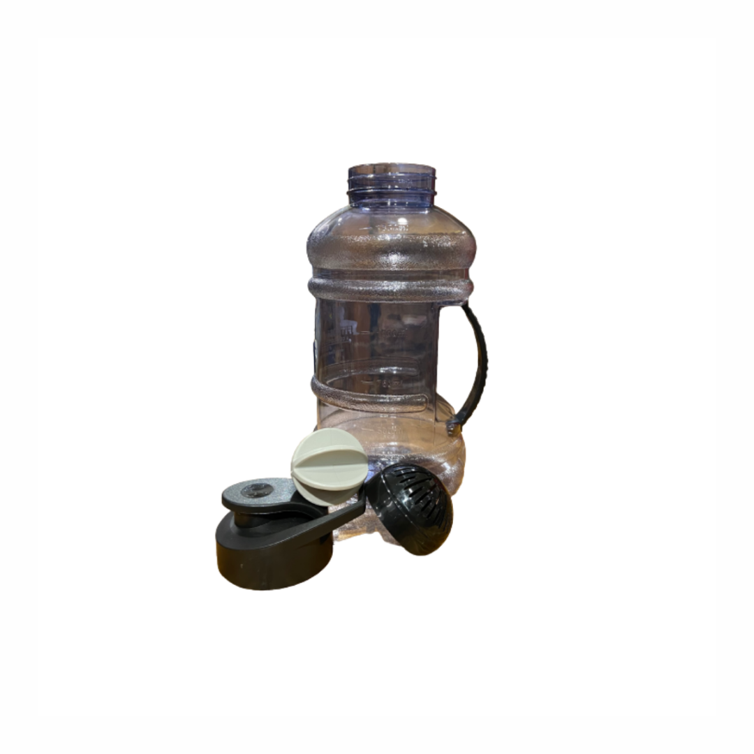 Black and clear water bottle with a black cap on a white background