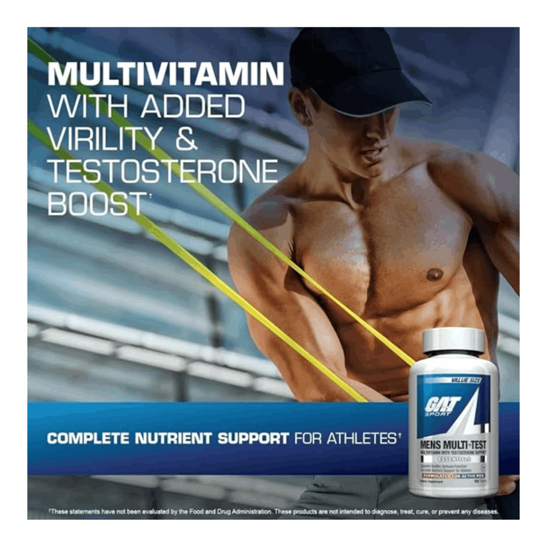 Advertisement for a multivitamin with added virility and testosterone boost, featuring a muscular man and a supplement bottle.
