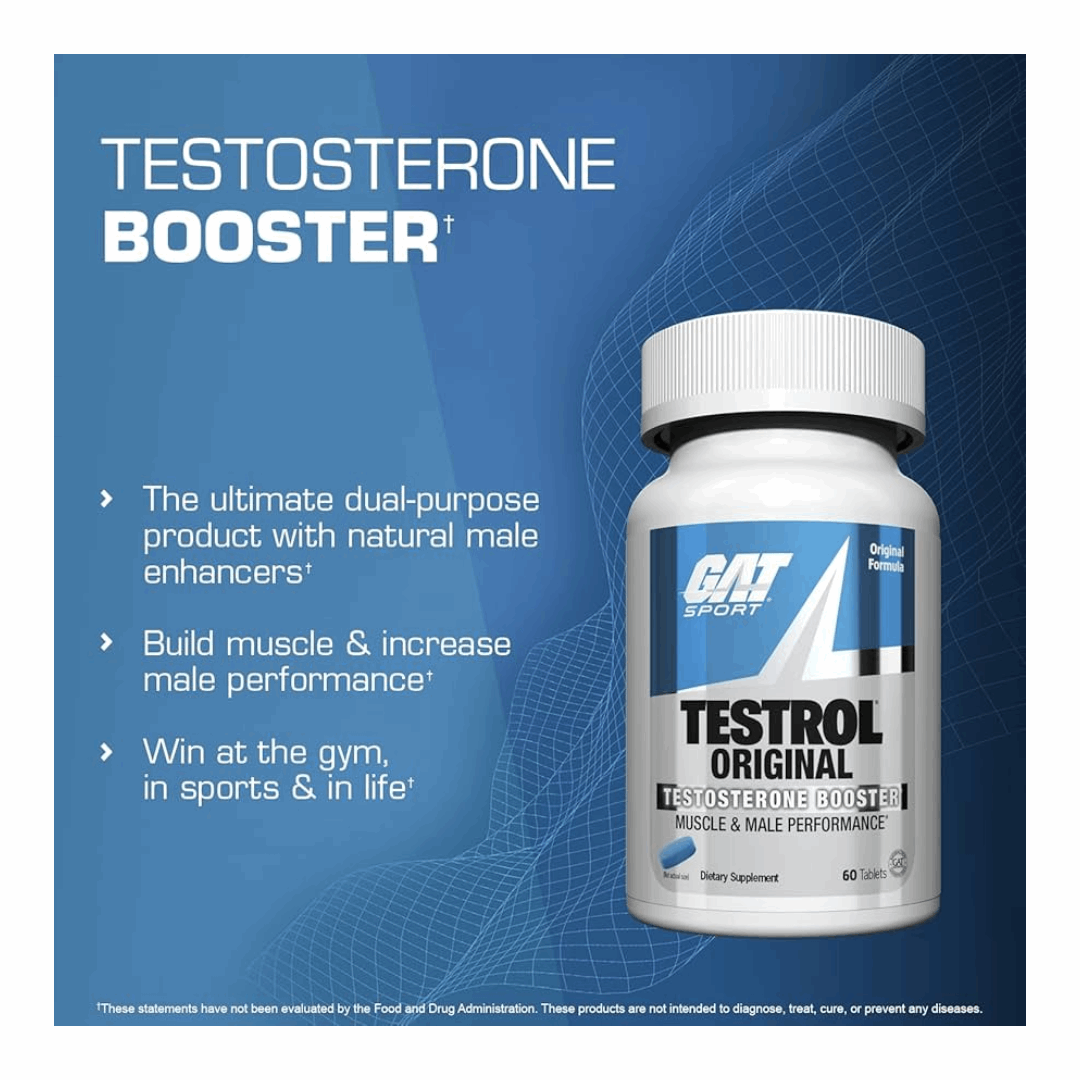 GAT Sport Testrol Original testosterone booster supplement on a blue background