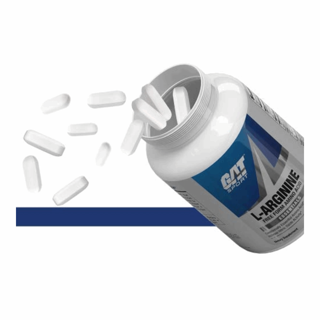 Supplement container labeled 'L-Arginine' with white capsules spilling out on a white background.