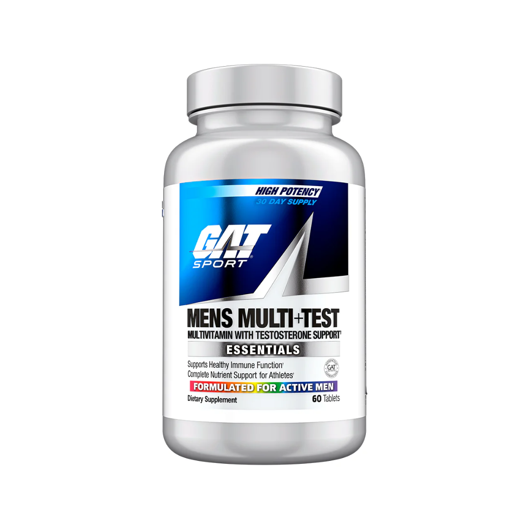Supplement bottle labeled 'GAT Sport Mens Multi+Test' on a white background