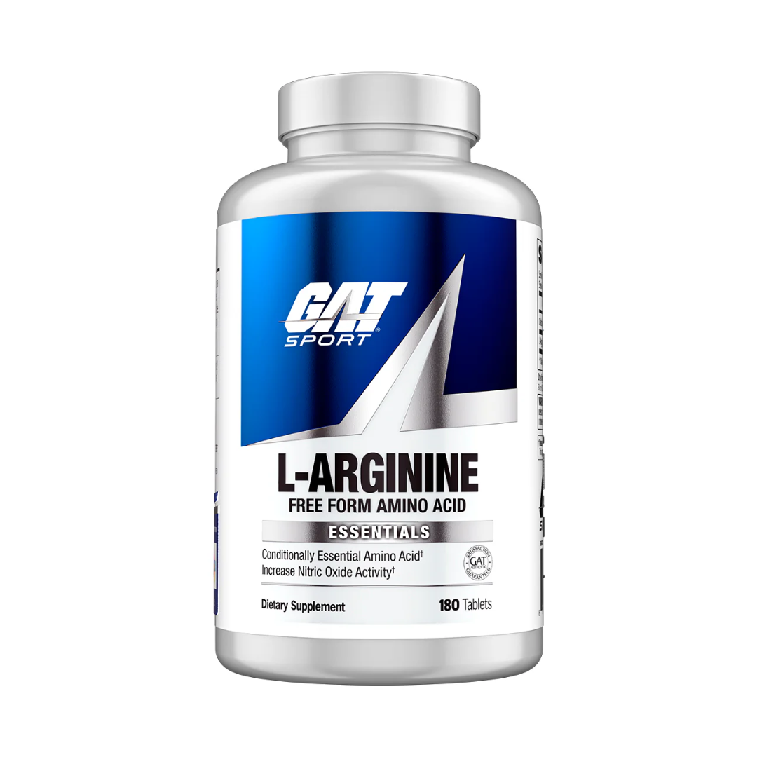 Supplement bottle labeled 'L-Arginine' by GAT Sport on a white background