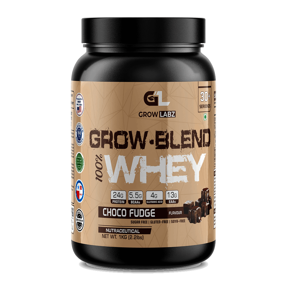 Grow Blend Whey protein powder container with Choco Fudge flavor on a white background
