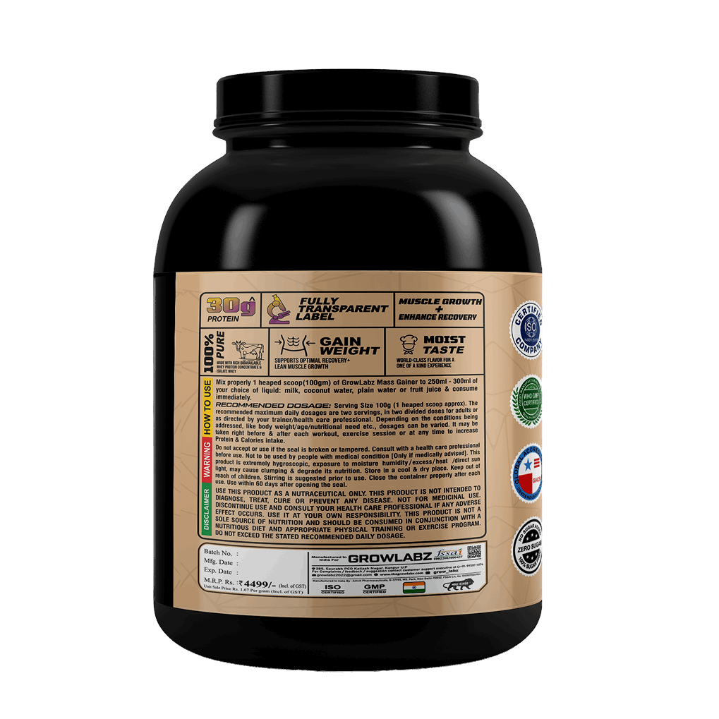 Black protein powder container with a detailed label on a white background