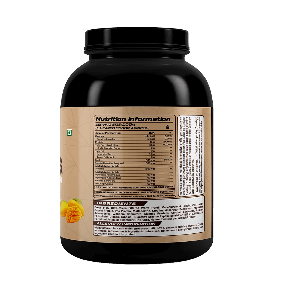 Black protein powder container with nutrition label on a white background