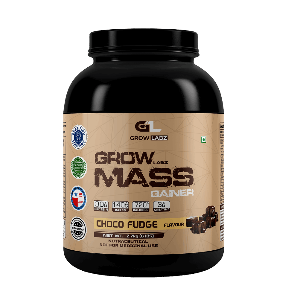Grow Labz Mass Gainer supplement container with choco fudge flavor on a white background
